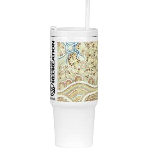 A drink bottle featuring a white base with a decorative Aboriginal-inspired design and a straw. It has a logo.
