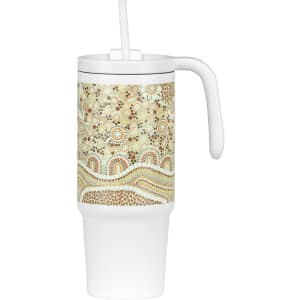 A drink bottle featuring a white base and colourful indigenous-style patterns, complete with a handle and a straw.
