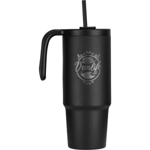 A drink bottle in matte black with a handle and straw, featuring a logo. Ideal for outdoor use.