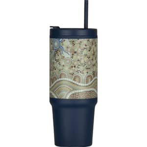 A drink bottle with a patterned design featuring earthy tones, a navy blue base, and a straw lid. It has a logo.