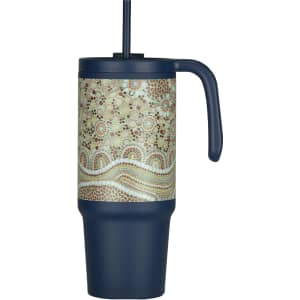 A drink bottle featuring a handle, in navy blue with a decorative patterned midsection.