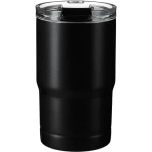 A black vacuum tumbler with a clear lid, designed for travel and featuring a logo.