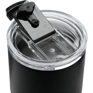 A drink bottle featuring a black exterior, clear lid, and a sliding opening mechanism. It has a logo.