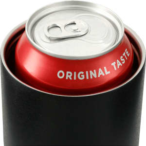 A drink bottle featuring a black vacuum tumbler holding a red can, with a silver top and a logo.
