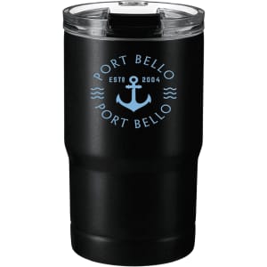 A drink bottle featuring a black exterior with a transparent lid, and a logo on the front.