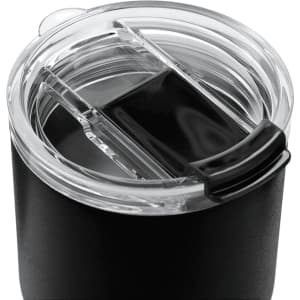 A drink bottle featuring a black exterior and a clear lid with a sliding closure. Includes a logo.