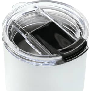 A drink bottle with a clear lid and black sliding closure, featuring a sleek white body. Includes a logo.