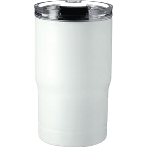 A drink bottle in white with a clear lid and a logo, designed as a vacuum tumbler and cooler.