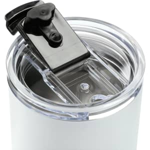 A drink bottle featuring a white exterior and a clear, black-lidded opening. It has a logo displayed.