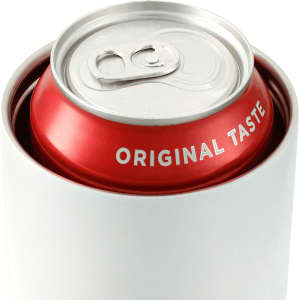 A drink bottle in white with a red can inside, featuring a pull tab and branding on the can.
