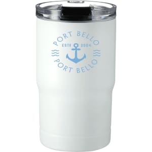 A drink bottle in white with a clear lid and a logo. It’s a 400ml vacuum tumbler suitable for travel.