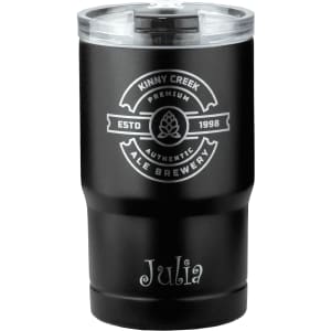 A black vacuum tumbler with a clear lid and a logo. It has a personalised name, "Julia," at the base.