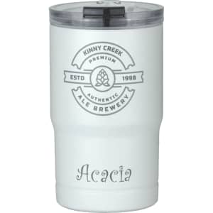 A drink bottle featuring a white design, with a black lid and a logo on the front. It is a vacuum tumbler and cooler.
