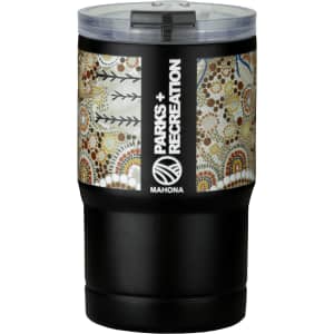 A drink bottle with a patterned design in shades of black, cream, and earthy tones, featuring a logo.