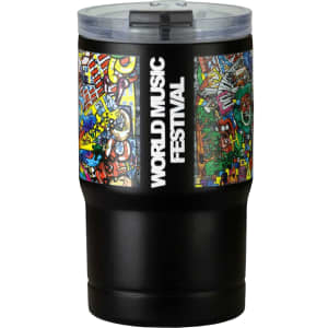 A drink bottle featuring a vacuum tumbler design with colourful festival artwork and a black base. It has a lid with a slot.
