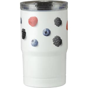 A drink bottle featuring a white exterior adorned with assorted berry illustrations and a transparent lid.
