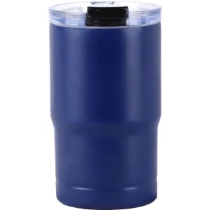 A drink bottle in navy blue with a clear lid and a built-in slide open/close mechanism, featuring a logo.
