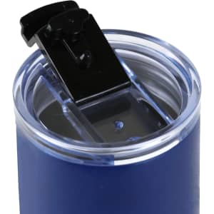 A drink bottle with a navy blue exterior and a clear lid featuring a black flip top. It has a logo on the side.