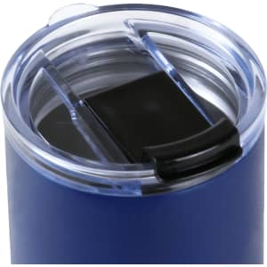 A drink bottle with a navy blue exterior and a clear lid featuring a sliding opening mechanism. It has a logo.