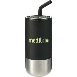 A drink bottle featuring a black outer section, stainless steel base, and a SS straw, along with a logo.