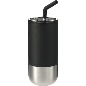 A drink bottle featuring a black exterior and stainless steel base with a reusable straw. It has a logo on it.