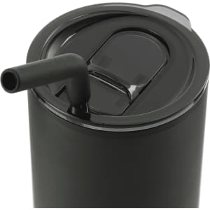 A drink bottle featuring a black exterior, a lid with a straw, and a sleek design. It has a logo on the surface.