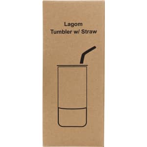A drink bottle packaging featuring a tumbler design with a straw, in a neutral cardboard colour.