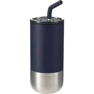 A drink bottle featuring a navy exterior and stainless steel base, complete with a black straw and lid.