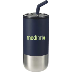 A drink bottle featuring a stainless steel base and a dark navy plastic upper, with a reusable straw and a logo.