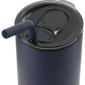 A drink bottle featuring a navy blue design, a lid with a straw, and a logo.