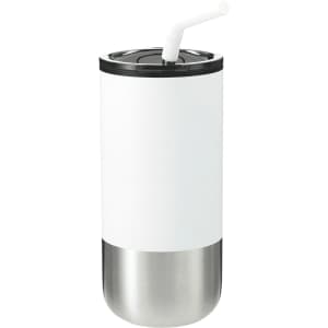 A drink bottle with a white body and stainless steel bottom, featuring a black lid and a white straw. Includes a logo.