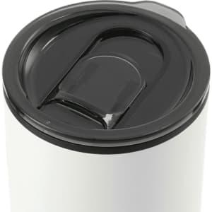 A drink bottle featuring a white body and a black lid, with a straw opening and a logo.