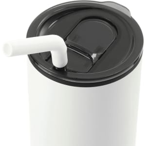 A drink bottle featuring a white body, black lid, and a white stainless steel straw, with a logo on its surface.