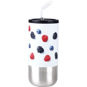 A drink bottle featuring a white body with berries and a stainless steel base, complete with a black lid and straw.