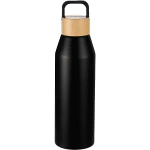 A drink bottle made of black stainless steel with a bamboo lid, featuring a handle for easy carrying.