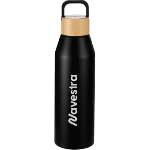A drink bottle in matte black with a bamboo lid and a handle, featuring a logo on the side.