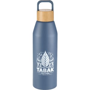 A drink bottle in matte blue with a bamboo lid and a logo on the front. Holds 1 litre.