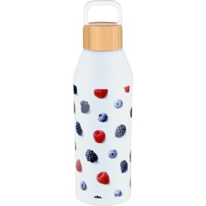 A drink bottle featuring a white design with colourful berry graphics and a bamboo lid. 1L capacity.