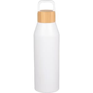 A drink bottle with a white body and a bamboo lid, featuring a handle for easy carrying. It has a logo on the surface.