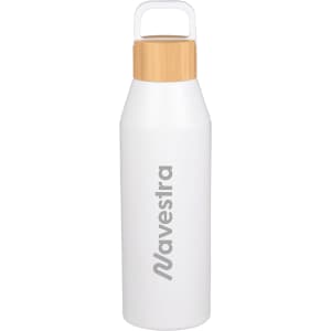 A drink bottle with a white body and bamboo lid, featuring a logo on the side. Holds 1 litre.