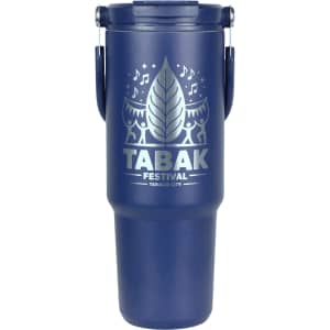 A drink bottle with a navy exterior, featuring a logo and decorative design.