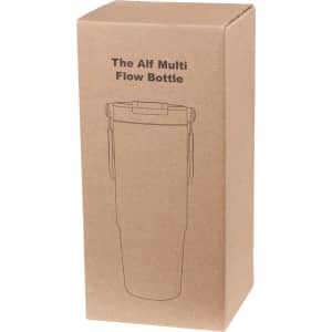 A drink bottle in a cardboard box, featuring a simple design and an attached handle. The bottle is shown in a tall, slim shape.