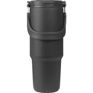 A drink bottle with a sleek black design and a secure lid. It features a handle for easy carrying.