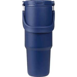 A drink bottle in navy blue with a handle and a secure lid, featuring a sleek design and branding.