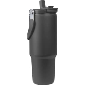 A drink bottle in matte black with a flip top and a carrying handle, featuring a logo.