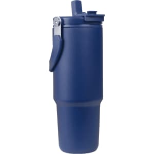 A drink bottle in navy blue with a flip-top lid and a sturdy handle. It features a logo on the side.