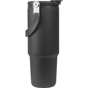 A drink bottle in matte black with a handle and a cap, featuring a sleek design and a logo.
