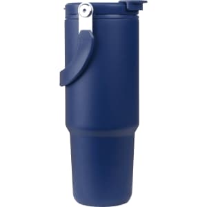 A drink bottle in navy blue with a silver clasp, featuring a textured surface and a secure lid.
