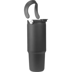 A drink bottle in matte black with a lid and a sturdy handle. It features a logo on its side.