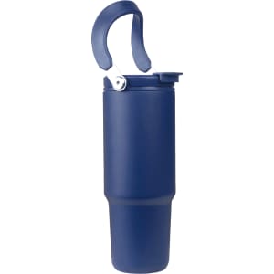 A drink bottle in navy blue with a handle and a secure lid, featuring a sleek and simple design.
